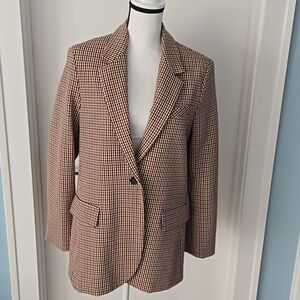 Zara Womens Houndtooth Plaid Brown Oversized One Buttton Blazer Jacket New Large
